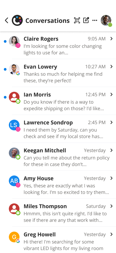 Conversations inbox with channel badges