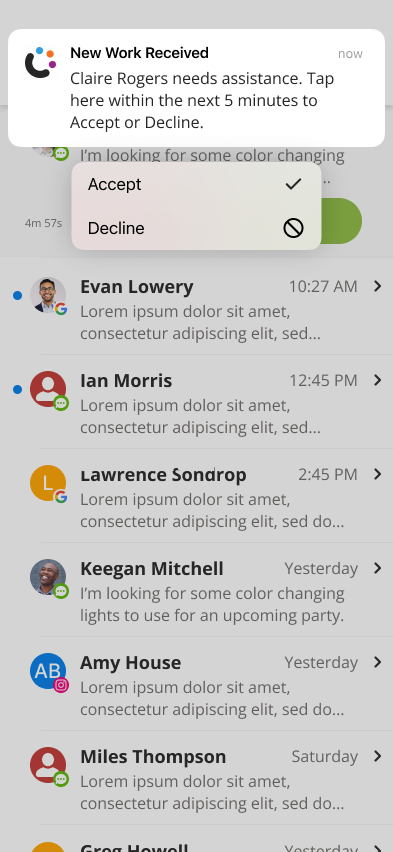 In-app notification with accept and decline