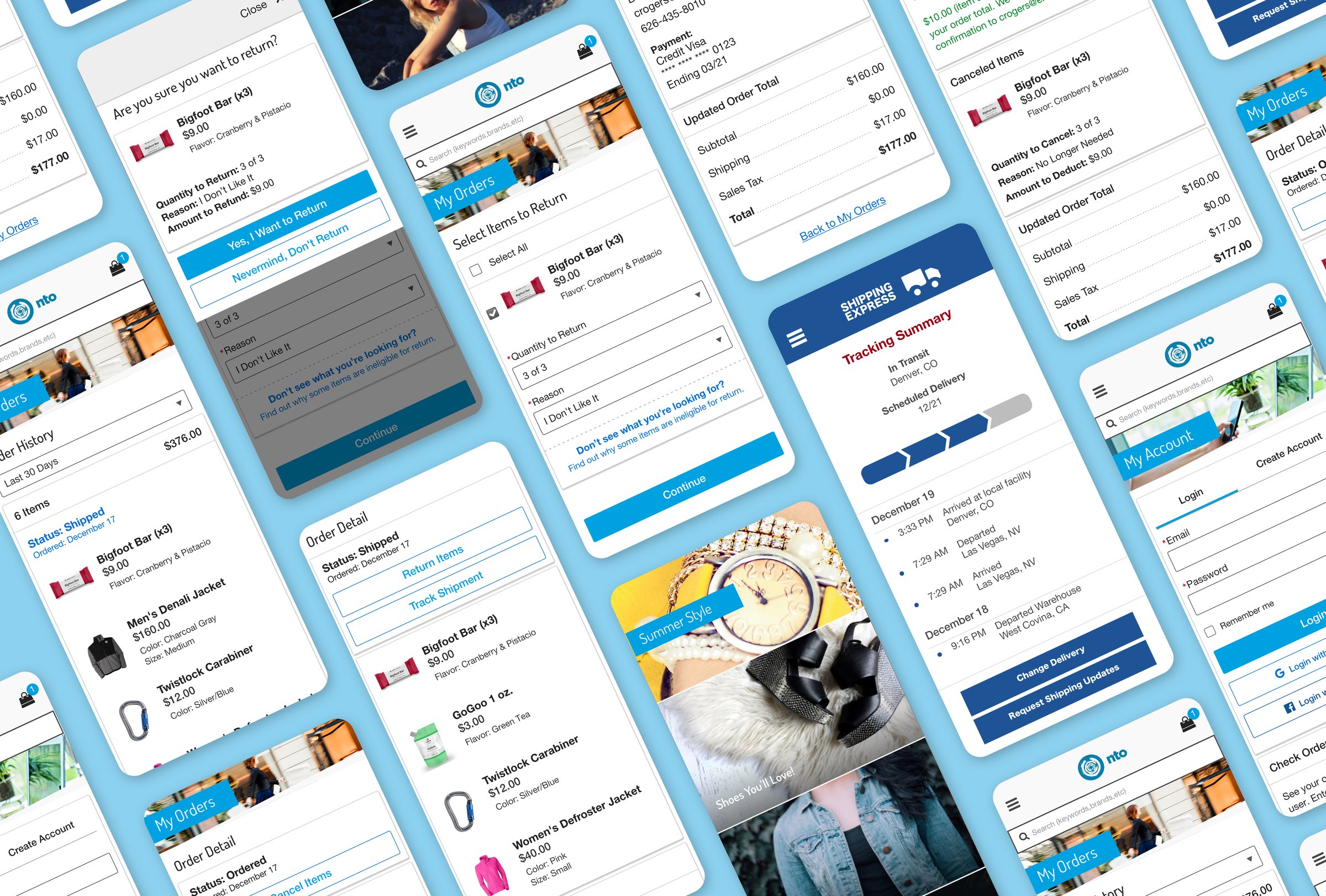 Mobile screens for order history, returns, order detail and shipment tracking