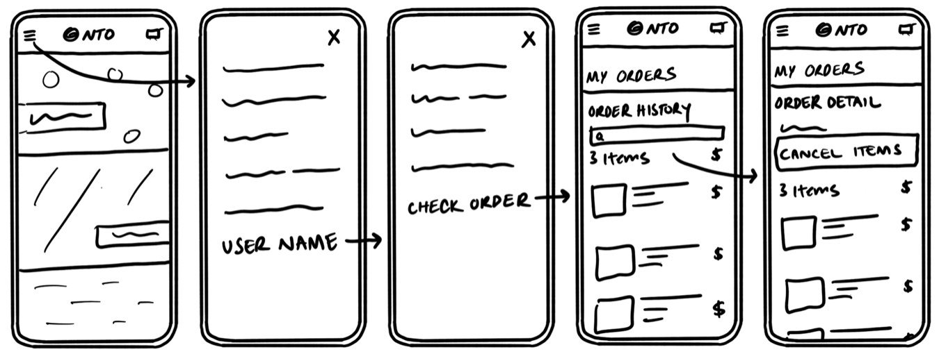 Hand-drawn wireframes of the check order and order detail flow